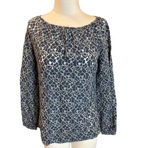 TORY BURCH navy sheer lace long sleeve blouse gold accent buttons EUC